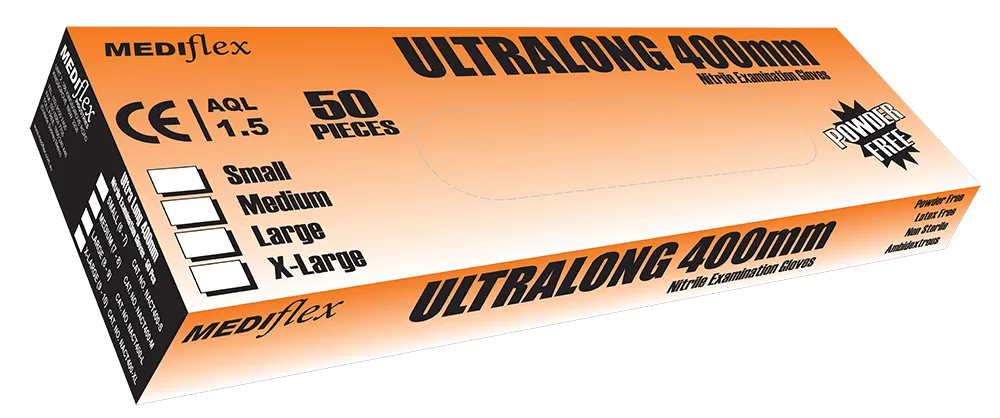 Ultralong 400mm powder free nitrile gauntlet gloves box with 50 pieces for protective use